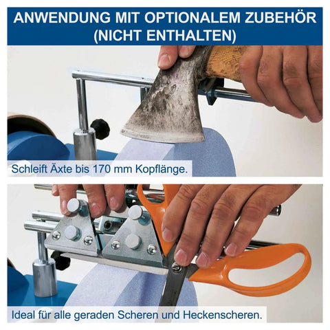 Heavy Duty Wet Bench Grinder With Water Cooled 250 Mm Corundum Whetstone And Leather Honing Wheel sharpening an axe and scissors.