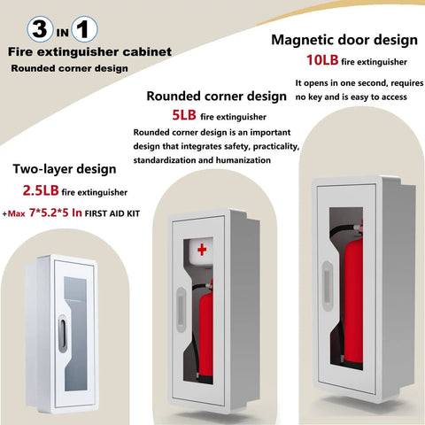 Heavy Duty Durable Metal Fire Extinguisher Cabinet With Magnetic Door And Acrylic Window Holds 2 5 10 Lb Extinguishers Plus First Aid Kit Semi Recessed Or Wall Mount For Indoor And Outdoor White with rounded corners and magnetic door design.