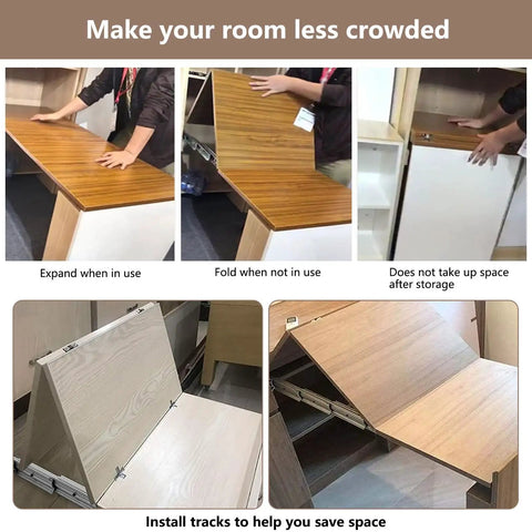 Top Shelf Heavy Duty Aluminum Telescopic Table Extension Slides Built Tough With Silent Glide Motion Perfect For Kitchen Countertops And Dining Tables Silver Sixty Four Inch Length Easy Setup, shown expanded and folded.