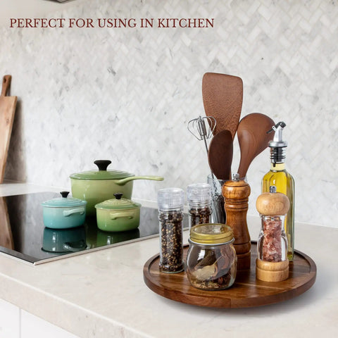 12 Inch Wooden Lazy Susan Organizer With Smooth 360 Spin, Nifty Tabletop Turntable For Spices And Napkins on kitchen counter.