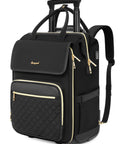 Arcoyard black rolling backpack with gold zippers, front quilted pocket, and top carry handles