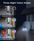 Solar Powered Wireless Outdoor Security Camera With AI Detection showing three night vision modes