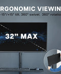 Built Tough Mobile Computer Cart With Smooth Glide Wheels And Adjustable Monitor Stand Engineered For Big Screens Up To Thirty Two Inches, displaying ergonomic monitor setup with 32" max adjustment.