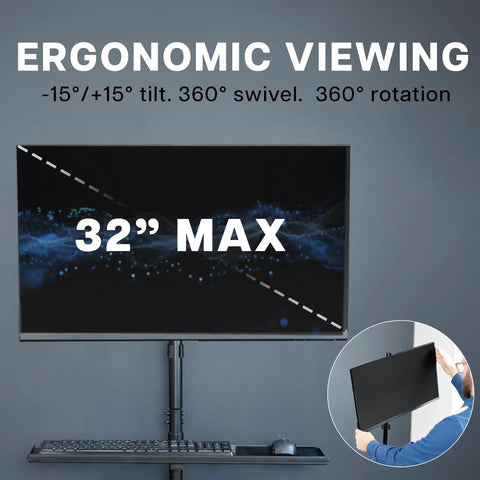 Built Tough Mobile Computer Cart With Smooth Glide Wheels And Adjustable Monitor Stand Engineered For Big Screens Up To Thirty Two Inches, displaying ergonomic monitor setup with 32" max adjustment.