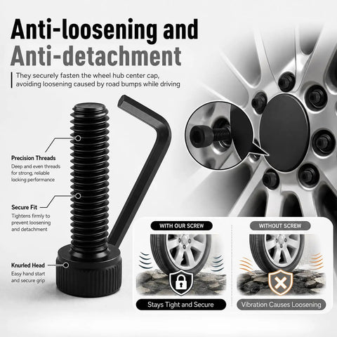 Anti-loosening Fuel Wheel Center Cap Screws Replacement Kit With Hex Wrench, featuring precision threads and knurled head.