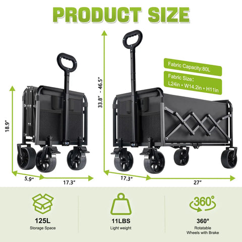 All Terrain Folding Wagon Cart With Brakes 360 Lb Heavy Duty Portable Lightweight Wagon details with dimensions and features