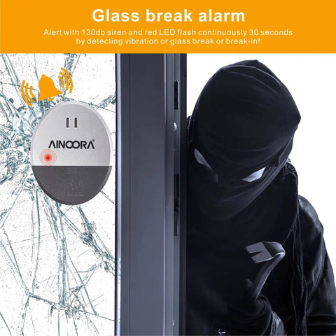 Four Pack Window Alarm Set With 130dB Glass Break Sensor And Vibration Alarm For Homes, Offices, Apartments, And RVs Ultra Slim Easy Install Ideal For Quick Setup And Maximum Deterrence No Wires Needed Instant Alerts. Window alarm on cracked glass with intruder beside door