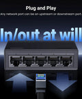 UGREEN Ethernet Switch, 5 Port Gigabit Ethernet Splitter, black, with LED indicators, showing in/out ports, plug and play functionality.