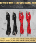 68 Piece Multimeter Test Leads Kit With Replaceable Wire Piercing Probes 32A 1000V Alligator Clips Banana Plug Adapters Jumpers And Extension Cables From Male To Female 4mm Banana Plug showing black and red test leads with banana plugs