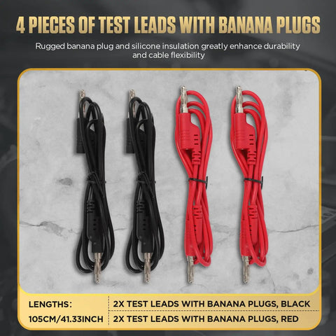 68 Piece Multimeter Test Leads Kit With Replaceable Wire Piercing Probes 32A 1000V Alligator Clips Banana Plug Adapters Jumpers And Extension Cables From Male To Female 4mm Banana Plug showing black and red test leads with banana plugs