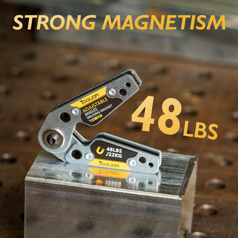 TOOLIOM adjustable welding magnets, 20-200° range, 48 lb pull; two magnets on a steel block.