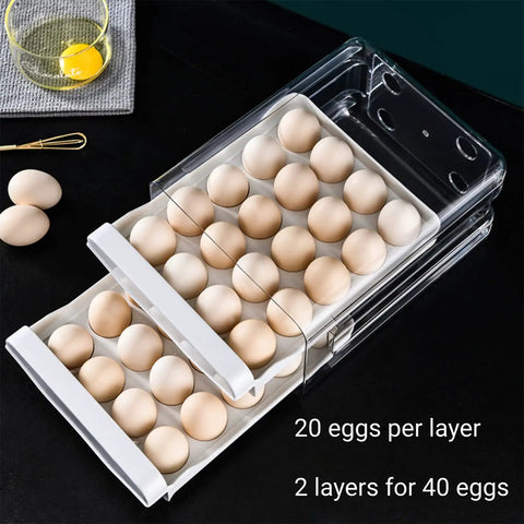 Double Layer Egg Storage Container For Refrigerator With Drawer Style Stackable Egg Holder Clear Plastic Tray Holds 40 Eggs Easy Access