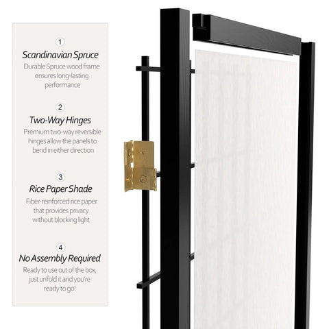 Compact 3 Foot Short Window Pane Shoji Screen Black 5 Panel Room Divider With Rice Paper Panels And Lightweight Spruce Frame Showing Features