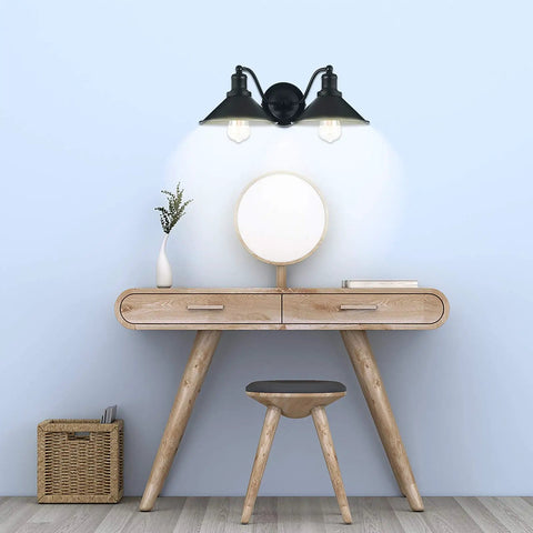 Two Light Vanity Wall Sconce In Oil Rubbed Black Finish above wooden vanity desk