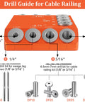Heavy Duty Aluminum Drill Guide Jig With 30 45 90 Degree Angles Four Size Options Includes 6 Inch F Clamp For Angled And Straight Holes DIY Friendly Portable Cable Railing Drilling Template For Deck Stair And Handrail Projects with labeled drill bit sizes and applications.