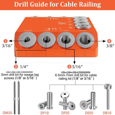 Heavy Duty Aluminum Drill Guide Jig With 30 45 90 Degree Angles Four Size Options Includes 6 Inch F Clamp For Angled And Straight Holes DIY Friendly Portable Cable Railing Drilling Template For Deck Stair And Handrail Projects with labeled drill bit sizes and applications.