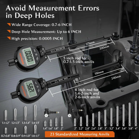 Front view: BOBOVAV digital dial bore gauge set with 0.7-6 in range and 23 anvils