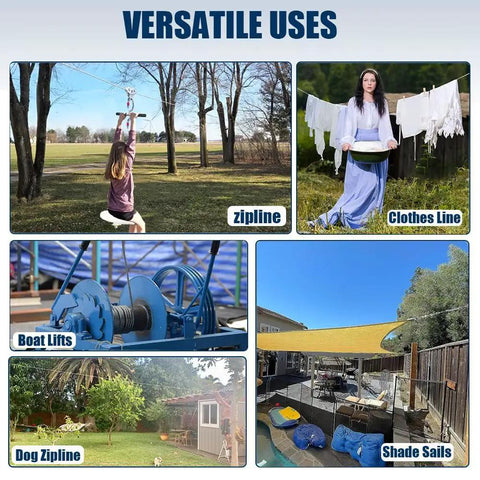 Collage of versatile uses for Quarter Inch Stainless Steel Wire Rope Kit 50 Ft With Turnbuckles, including zipline and shade sails.