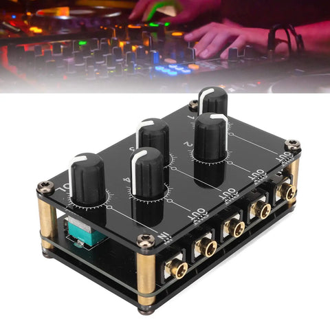 Compact 4 Channel Stereo Mixer For Home Studio Use Passive Live Console with low noise, showing top view with knobs and ports
