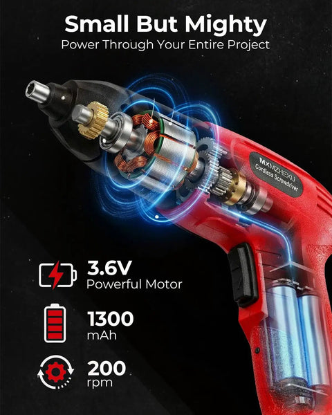 Compact 3.6V Cordless Screwdriver Kit With 50 Piece Bit Set Rechargeable 6 Nm Torque TypeC Fast Charging In 1.5 Hours Lightweight Workhorse Power Tool For Furniture Assembly And Home DIY Red, cutaway view