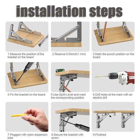 Installation steps for White 2 Pack Folding Shelf Brackets Legit Heavy Duty Metal Right Angle Wall Float Support, detailing usage.