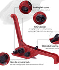 Legit Heavy Duty Poly Banding Strapping Kit With 1000 Ft Pet Strap And Pro Ratchet Tensioner Upgraded Sealing Tool Plus Hundred Steel Seals, red ratchet tensioner close-up.
