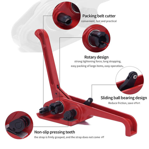 Legit Heavy Duty Poly Banding Strapping Kit With 1000 Ft Pet Strap And Pro Ratchet Tensioner Upgraded Sealing Tool Plus Hundred Steel Seals, red ratchet tensioner close-up.