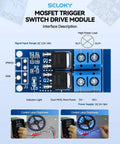 Diagram of Six Piece Dual High Power MOSFET Trigger Switch Drive Module Kit with PWM Adjustment, showing interface and connections.