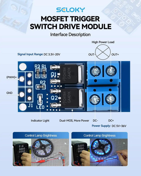 Diagram of Six Piece Dual High Power MOSFET Trigger Switch Drive Module Kit with PWM Adjustment, showing interface and connections.