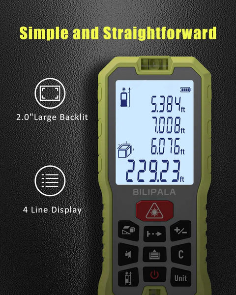 165ft Digital Laser Distance Meter With Dual Bubble Levels And Backlit 2 Inch LCD, High Precision Measuring Tool For Area, Volume And Pythagoras, Quiet Mute Mode, Battery Included, No-Fuss Readouts For Quick Layouts, front view