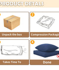 Diagram showing unpacking process of Outdoor Chair Cushions Set Of Four 23 By 20 By 4 Inches With Removable Cover Navy Waterproof And Fade Resistant For Patio Furniture Keeps It Cozy And Durable.
