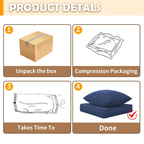 Diagram showing unpacking process of Outdoor Chair Cushions Set Of Four 23 By 20 By 4 Inches With Removable Cover Navy Waterproof And Fade Resistant For Patio Furniture Keeps It Cozy And Durable.