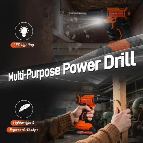 Person using 20V Cordless Drill And 120 Piece Home Tool Kit With Plastic Toolbox, DIY Project Essential Set, LED lighting shown