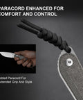 Close-up of Buddy Fixed Blade Knife With 3 Inch D2 Steel Blade, Olive Green Micarta Handle, paracord detail, 1081M1