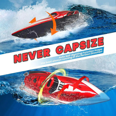 Mini RC Boat For Kids 8 To 12 Years Old 2.4GHz Remote With 360 Degree Spin Built In Rechargeable Battery Water Toy For Pool Bathtub Or Beach Easy To Operate And Portable Red Gift showing self-righting feature