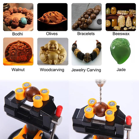 Hella Durable Mini Bench Vise With Bombproof Suction Grip and Flawless 360 Degree Swivel Action holding a walnut for precise woodcarving.