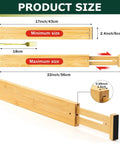 Knockout Premium Bamboo Drawer Dividers Six Pack size chart showing adjustable lengths of 17 to 22 inches made of natural bamboo.