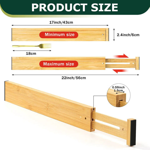 Knockout Premium Bamboo Drawer Dividers Six Pack size chart showing adjustable lengths of 17 to 22 inches made of natural bamboo.