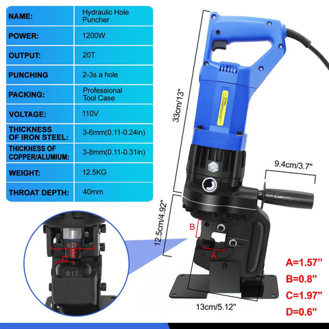 Heavy Duty Electric Hydraulic Hole Punch Kit For Metal With 1200W Motor Delivers Quick 20 Ton Punch