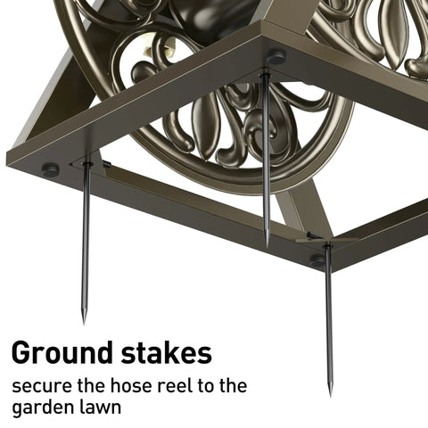 Heavy Duty Garden Hose Reel with Wall and Floor Mount Decorative Hose Holder and Winder with ground stakes visible