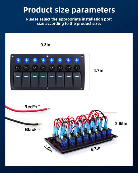 Dimensions of 8 Gang Waterproof Rocker Switch Panel With Blue LED Lights Heavy Duty Prewired 12V 24V On Off Switches