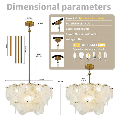 Dimensional diagram of 23 Inch 9 Light Gold Glass Chandelier 3 Tier Round Crystal Pendant Light Height Adjustable.