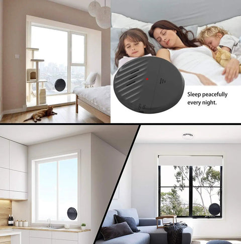 Slim Window Vibration Alarm Kit 5 Pack With 125dB Glass Break Sensor installed on windows and peaceful family sleeping.