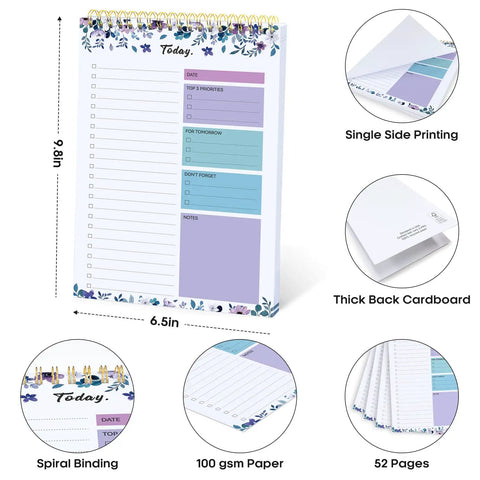 To Do List Notepad For Work And Home, Undated Daily Planner With 52 Sheets, 9.8 By 6.5 Inches, spiral binding, 100gsm paper
