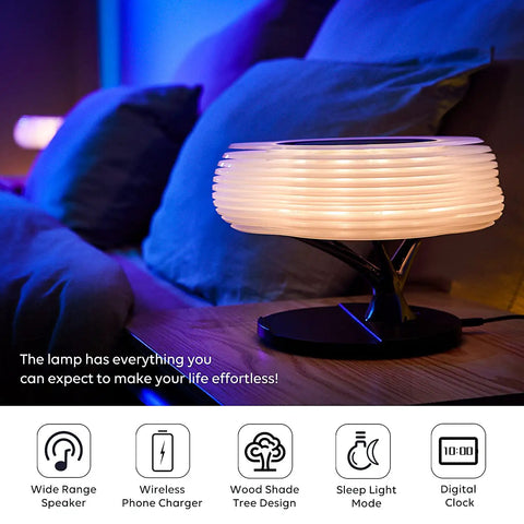 Bedside Lamp With Wireless Charger And Bluetooth Speaker For Bedroom RGB Dimmable Nightstand Light On Wooden Table