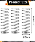 Front view of three stainless steel extension springs, each 1/2 in wide by 1-1/2 in tall.