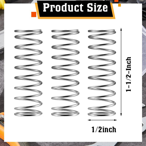 Front view of three stainless steel extension springs, each 1/2 in wide by 1-1/2 in tall.