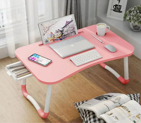 Foldable Laptop Bed Table With Drawer And Cup Holder, Go-To Lap Desk For Bed Or Sofa, Breakfast Tray, TV Tray, Reading Stand, Phone Slot, Pink Finish For Couch Time
