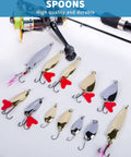 Various metal fishing spoons with treble hooks, part of the Ultimate 380 Pcs Fishing Lures Kit For Bass, Trout, And Salmon.