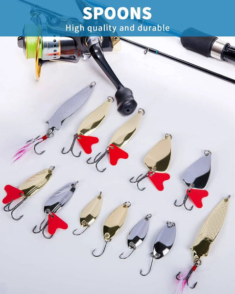 Various metal fishing spoons with treble hooks, part of the Ultimate 380 Pcs Fishing Lures Kit For Bass, Trout, And Salmon.